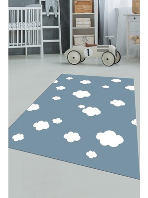 Evdeya Dijital Baskılı Kaymaz Yıkanabilir Bulut Desenli Çocuk Odası Halısı, Çocuk-08-Mavi,