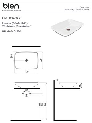 Bien Harmony 54 cm Gövde Üstü Lavabo Batarya Deliksiz Taşma Kanalsız