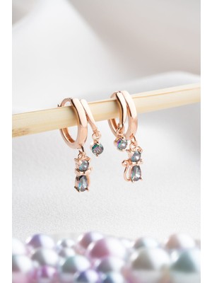 Nereze 925 Ayar Gümüş Rose Mistik Topaz Taşlı 12 mm Kedi Küpe