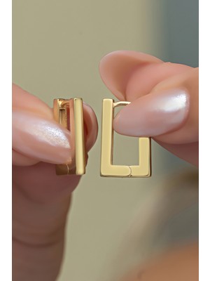 Nereze 925 Ayar Gümüş Gold Kaplama Taşsız Dikdörtgen Küpe