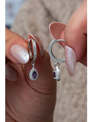 Nereze 925 Ayar Gümüş 15 mm Halka Mor Damla Taşlı Küpe