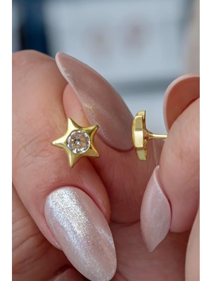 Nereze 925 Ayar Gümüş Minimal Gold Tektaş Yıldız Küpe