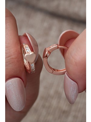 Nereze 925 Ayar Gümüş Rose Kaplama Kalp Detaylı 15 mm Halka Küpe