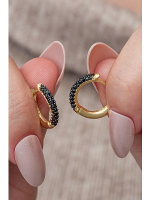 Nereze 925 Ayar Gümüş Gold Kaplama Siyah Taşlı 15 mm Halka Küpe