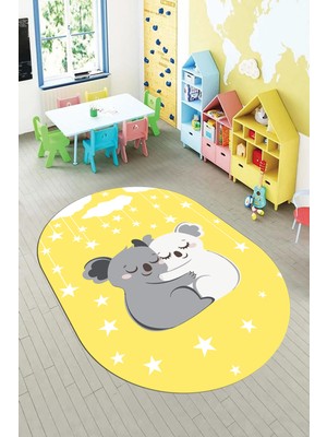 Evdeya Dijital Baskılı Kaymaz Yıkanabilir Kuala Desenli Oval Çocuk Odası Halısı, O-Çocuk-22-Sarı,