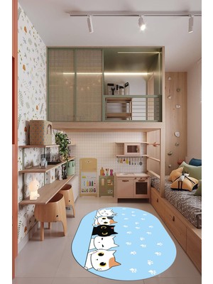 Evdeya Sevimli Kediler Baskılı Yıkanabilir Kaymaz Oval Çocuk Odası Halısı, O-Çocuk-49-Mavi,