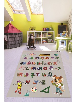 Evdeya Dijital Baskılı Kaymaz Yıkanabilir Alfabe Eğitici Çocuk Odası Oyun Halısı, Çocuk-33-Gri,