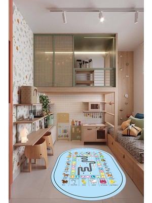 Evdeya Ingilizce Harf ve Hayvan Temalı Eğitici Oval Çocuk Odası Oyun Halısı, O-Çocuk-44-Mavi,