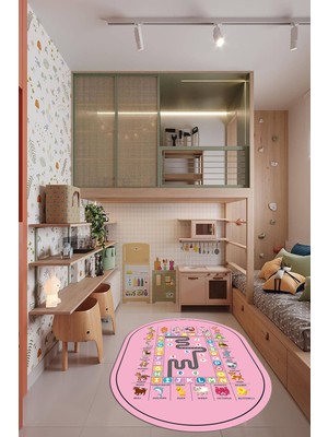 Evdeya Ingilizce Harf ve Hayvan Temalı Eğitici Oval Çocuk Odası Oyun Halısı, O-Çocuk-44-Pembe,