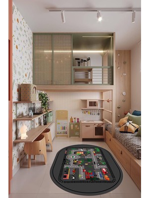 Evdeya Trafik Yollu Arabalı Yıkanabilir Eğlendirici Oval Çocuk Odası Oyun Halısı, O-Çocuk-46-Antrasit,