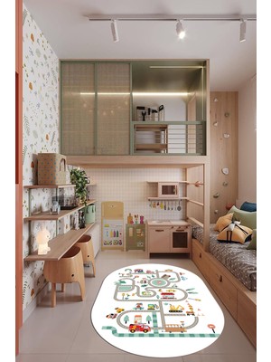 Evdeya Trafik Yollu Arabalı Yıkanabilir Kaymaz Eğlendirici Oval Çocuk Odası Halısı, O-Çocuk-48-Beyaz,