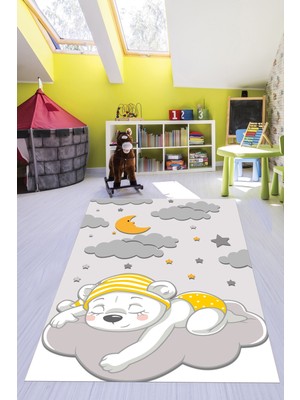 Evdeya Dijital Baskılı Kaymaz Yıkanabilir Sevimli Ayıcık Desen Çocuk Odası Halısı, Çocuk-34-Gri,