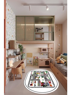 Evdeya Trafik Yollu Arabalı Yıkanabilir Eğlendirici Oval Çocuk Odası Oyun Halısı, O-Çocuk-46-Beyaz,