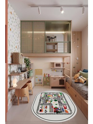 Evdeya Trafik Yollu Arabalı Yıkanabilir Eğlendirici Oval Çocuk Odası Oyun Halısı, O-Çocuk-46-Gri,