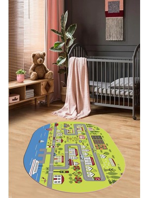 Evdeya Kaymaz Taban Yıkanabilir Trafik Eğitici Oval Çocuk Odası Oyun Halısı, O-Çocuk-07-Yeşil,