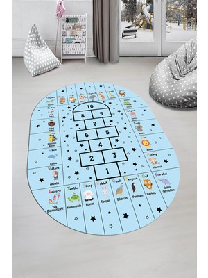 Evdeya Sek Sek Desen Ingilizce Öğretici Eğitici Oval Çocuk Odası Oyun Halısı, O-Çocuk-36-Mavi,