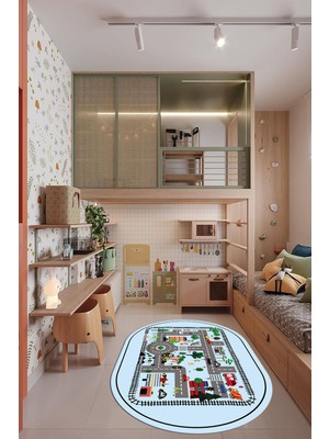 Evdeya Trafik Yollu Arabalı Yıkanabilir Eğlendirici Oval Çocuk Odası Oyun Halısı, O-Çocuk-46-Mavi,