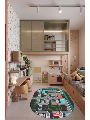 Evdeya Trafik Yollu Arabalı Yıkanabilir Eğlendirici Oval Çocuk Odası Oyun Halısı, O-Çocuk-47-Antrasit,