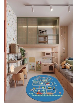 Evdeya Trafik Yollu Arabalı Yıkanabilir Kaymaz Eğlendirici Oval Çocuk Odası Halısı, O-Çocuk-48-Mavi,