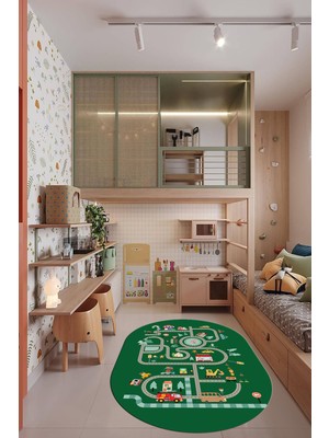 Evdeya Trafik Yollu Arabalı Yıkanabilir Kaymaz Eğlendirici Oval Çocuk Odası Halısı, O-Çocuk-48-Yeşil,