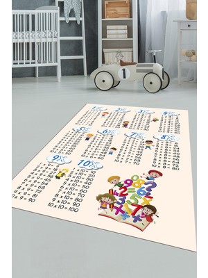 Evdeya Dijital Baskılı Kaymaz Yıkanabilir Çarpım Tablosu Desenli Çocuk Odası Halısı, Çocuk-05-Krem,