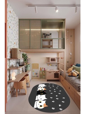 Evdeya Sevimli Kediler Baskılı Yıkanabilir Kaymaz Oval Çocuk Odası Halısı, O-Çocuk-49-Antrasit,