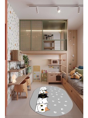 Evdeya Sevimli Kediler Baskılı Yıkanabilir Kaymaz Oval Çocuk Odası Halısı, O-Çocuk-49-Gri,