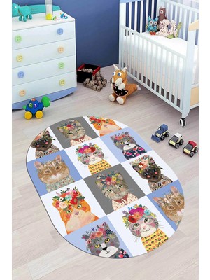 Evdeya Dijital Baskılı Kaymaz Yıkanabilir Renkli Kedi Desenli Oval Çocuk Odası Halısı, O-Çocuk-11-Mavi,