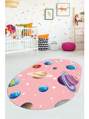 Evdeya Dijital Baskılı Kaymaz Yıkanabilir Uzay Temalı Oval Çocuk Odası Halısı, O-Çocuk-38-Pembe,