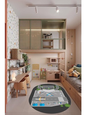 Evdeya Havalimanı Uçak Temalı Eğitici Eğkendirici Oval Çocuk Odası Oyun Halısı, O-Çocuk-50-Antrasit,