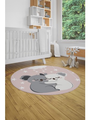 Evdeya Dijital Baskılı Kaymaz Yıkanabilir Kuala Desenli Yuvarlak Çocuk Odası Halısı, Y-Çocuk-22-Pembe,