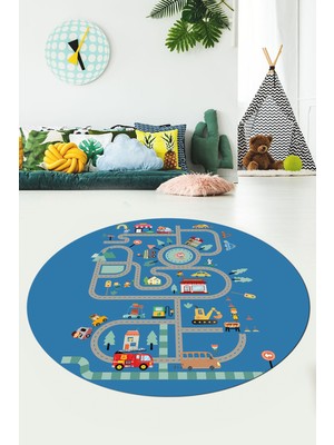 Evdeya Trafik Yollu Arabalı Yıkanabilir Kaymaz Eğlenceli Yuvarlak Çocuk Odası Halısı, Y-Çocuk-48-Mavi,