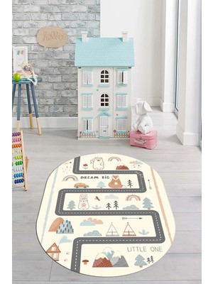 Evdeya Kaymaz Taban Yıkanabilir Trafik Yollu Eğlendirici Oval Çocuk Odası Halısı, O-Çocuk-16-Krem,