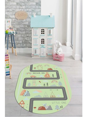 Evdeya Kaymaz Taban Yıkanabilir Trafik Yollu Eğlendirici Oval Çocuk Odası Halısı, O-Çocuk-16-Yeşil,