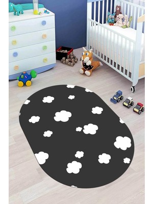 Evdeya Dijital Baskılı Kaymaz Yıkanabilir Bulut Desenli Oval Çocuk Odası Halısı, O-Çocuk-08-Antrasit,