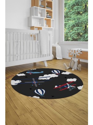 Evdeya Dijital Kaymaz Yıkanabilir Bulut Uçak Desenli Yuvarlak Çocuk Odası Halısı, Y-Çocuk-23-Antrasit,