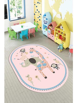 Evdeya Dijital Kaymaz Yıkanabilir Zürafa Maymun Fil Desen Oval Çocuk Odası Halısı, O-Çocuk-21-Pembe,
