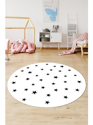 Evdeya Dijital Kaymaz Yıkanabilir Yıldız Desen Yuvarlak Çocuk Odası Oyun Halısı, Y-Çocuk-32-Beyaz,