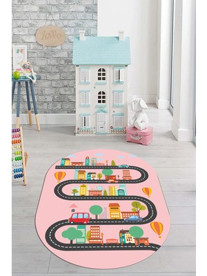 Evdeya Kaymaz Taban Yıkanabilir Trafik Araba Eğlendirici Oval Çocuk Odası Halısı, O-Çocuk-18-Pembe,
