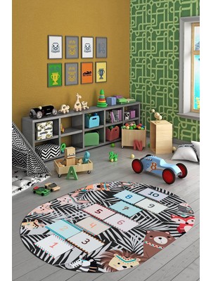 Evdeya Dijital Kaymaz Yıkanabilir Sek Sek Desen Eğlendirici Oval Çocuk Odası Halısı, O-Çocuk-28-Antrasit,