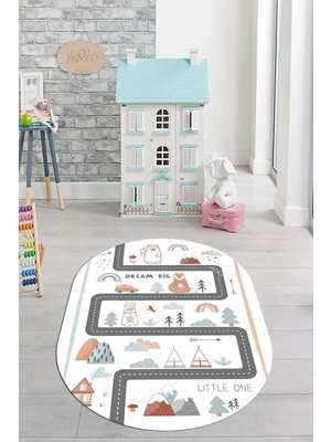 Evdeya Kaymaz Taban Yıkanabilir Trafik Yollu Eğlendirici Oval Çocuk Odası Halısı, O-Çocuk-16-Beyaz,