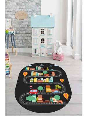 Evdeya Kaymaz Taban Yıkanabilir Trafik Araba Eğlendirici Oval Çocuk Odası Halısı, O-Çocuk-18-Antrasit,