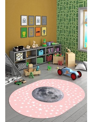 Evdeya Dijital Kaymaz Taban Yıkanabilir Yıldız Ay Desen Oval Çocuk Odası Halısı, O-Çocuk-27-Pembe,