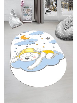 Evdeya Dijital Baskılı Kaymaz Yıkanabilir Sevimli Ayıcık Desen Oval Çocuk Odası Halısı, O-Çocuk-34-Mavi,