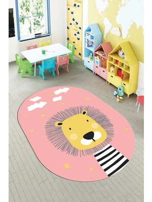 Evdeya Dijital Baskılı Kaymaz Yıkanabilir Zürafa Desenli Oval Çocuk Odası Halısı, O-Çocuk-25-Pembe,