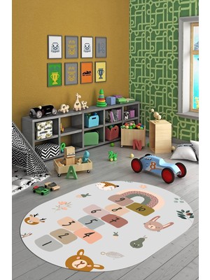 Evdeya Dijital Kaymaz Yıkanabilir Sek Sek Desen Eğlendirici Oval Çocuk Oyun Halısı, O-Çocuk-29-Gri,