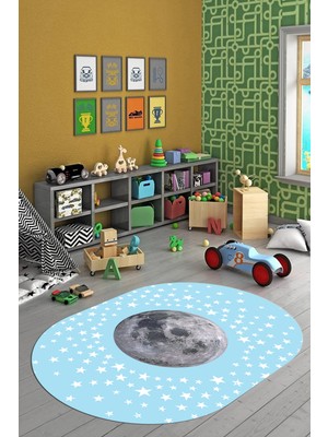 Evdeya Dijital Kaymaz Taban Yıkanabilir Yıldız Ay Desen Oval Çocuk Odası Halısı, O-Çocuk-27-Mavi,