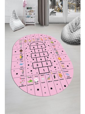 Evdeya Sek Sek Desen Ingilizce Öğretici Eğitici Oval Çocuk Odası Oyun Halısı, O-Çocuk-36-Pembe,