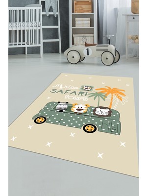 Evdeya Dijital Baskılı Kaymaz Yıkanabilir Otobüs Safari Desenli Çocuk Odası Halısı, Çocuk-01-Yeşil,