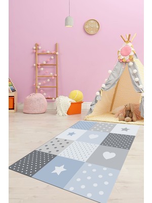 Evdeya Dijital Baskılı Kaymaz Yıkanabilir Yıldız Kalp Desenli Çocuk Odası Halısı, Çocuk-10-Mavi,